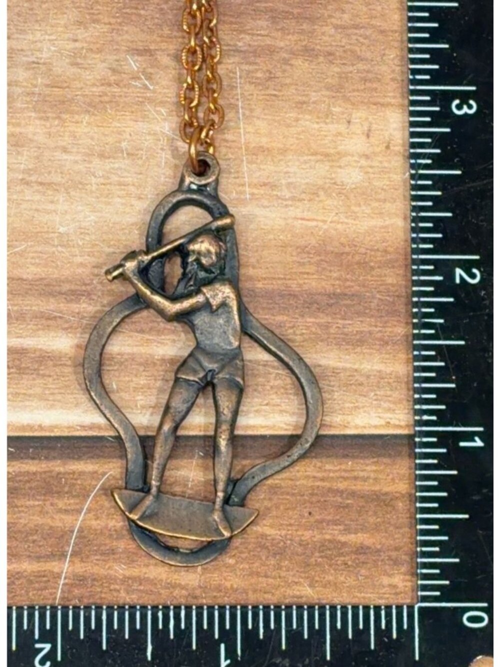 TS Vintage Baseball Batter Pendant Necklace Soft Metal Trophy Shop COPPER BRONZE